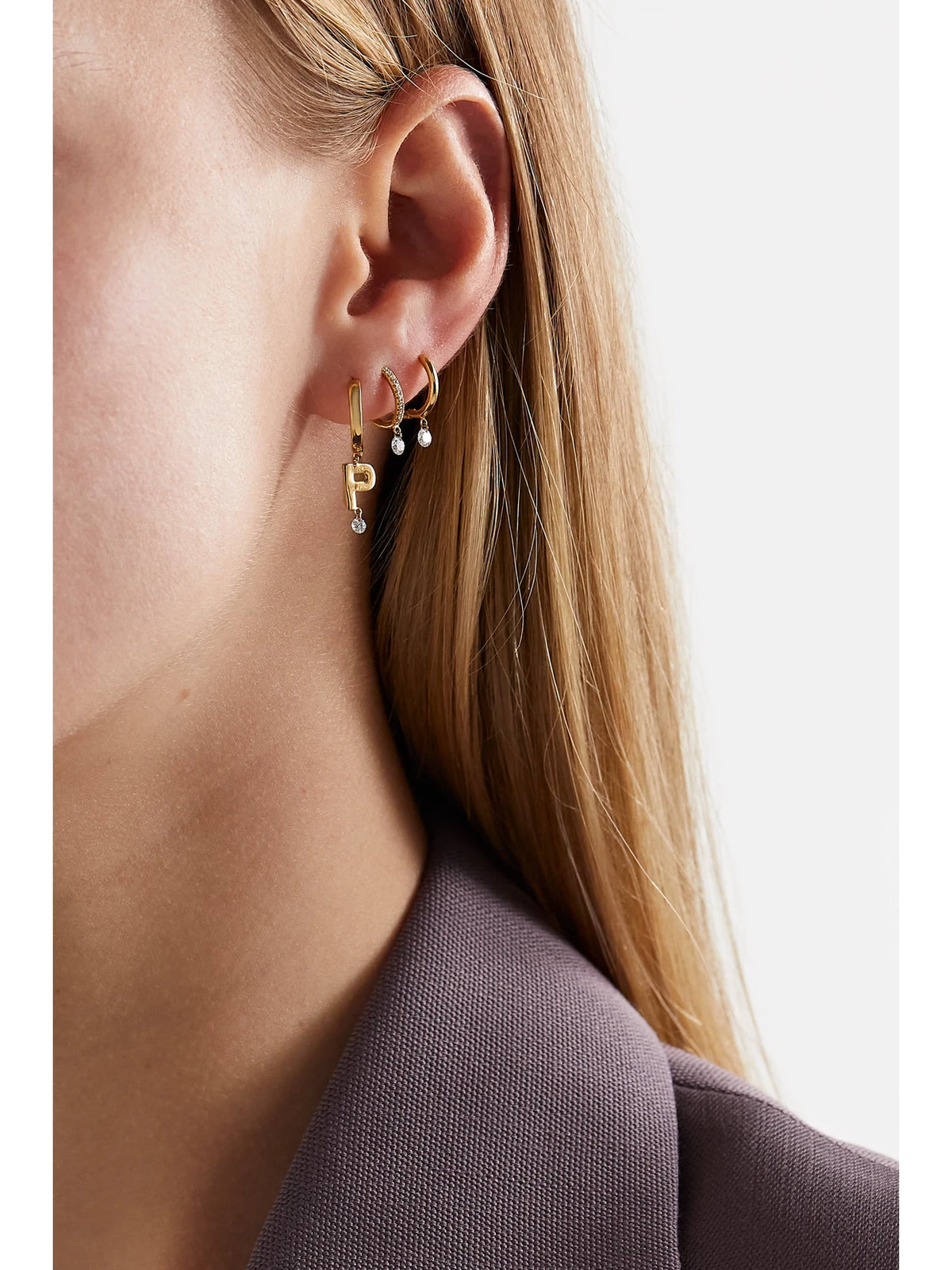 Image of Earrings. Product name - Initial 18-karat Gold Diamond Single Hoop Earring in A colour by brand - Persée
