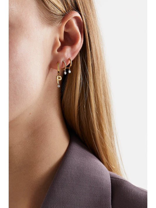 Image of Earrings. Product name - Initial 18-karat Gold Diamond Single Hoop Earring in A colour by brand - Persée