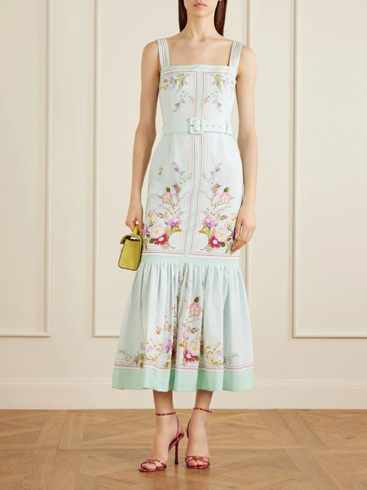 Belted Floral-print Linen And Cotton-blend Midi Dress