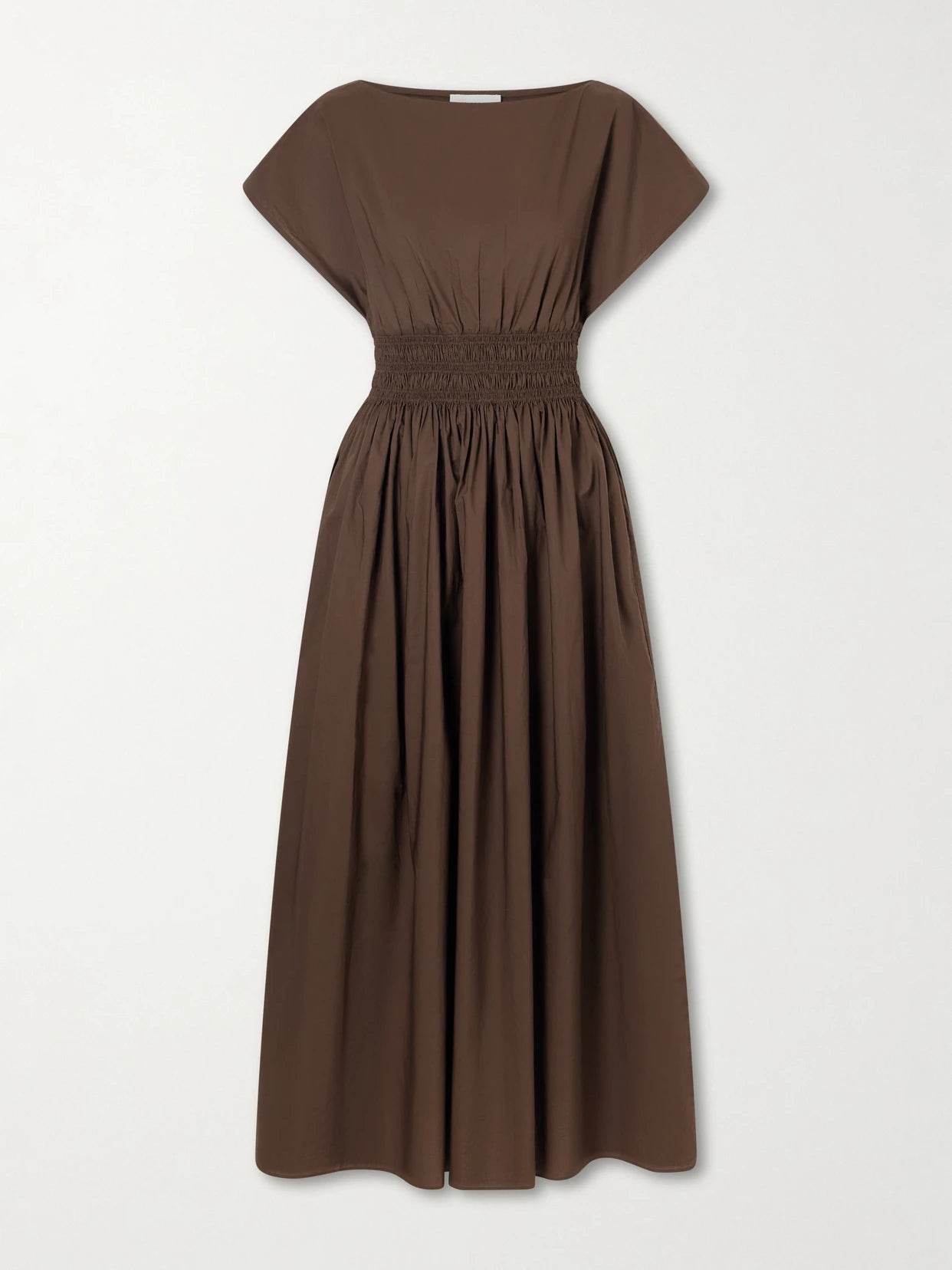 Image of Dresses. Product name - Shirred Organic Cotton-poplin Maxi Dress in Chocolate colour by brand - Matteau