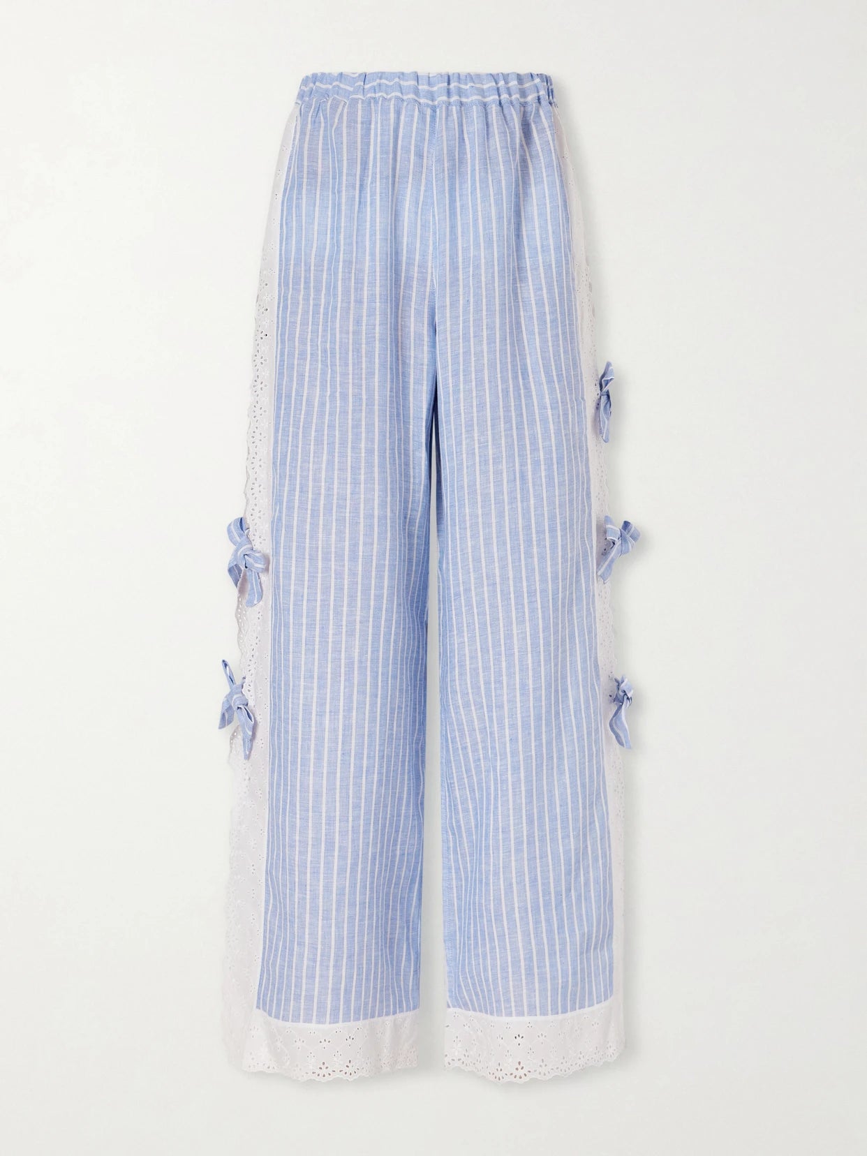 Clarissa Bow-embellished Striped Broderie Anglaise-trimmed Linen Straight-leg Pants