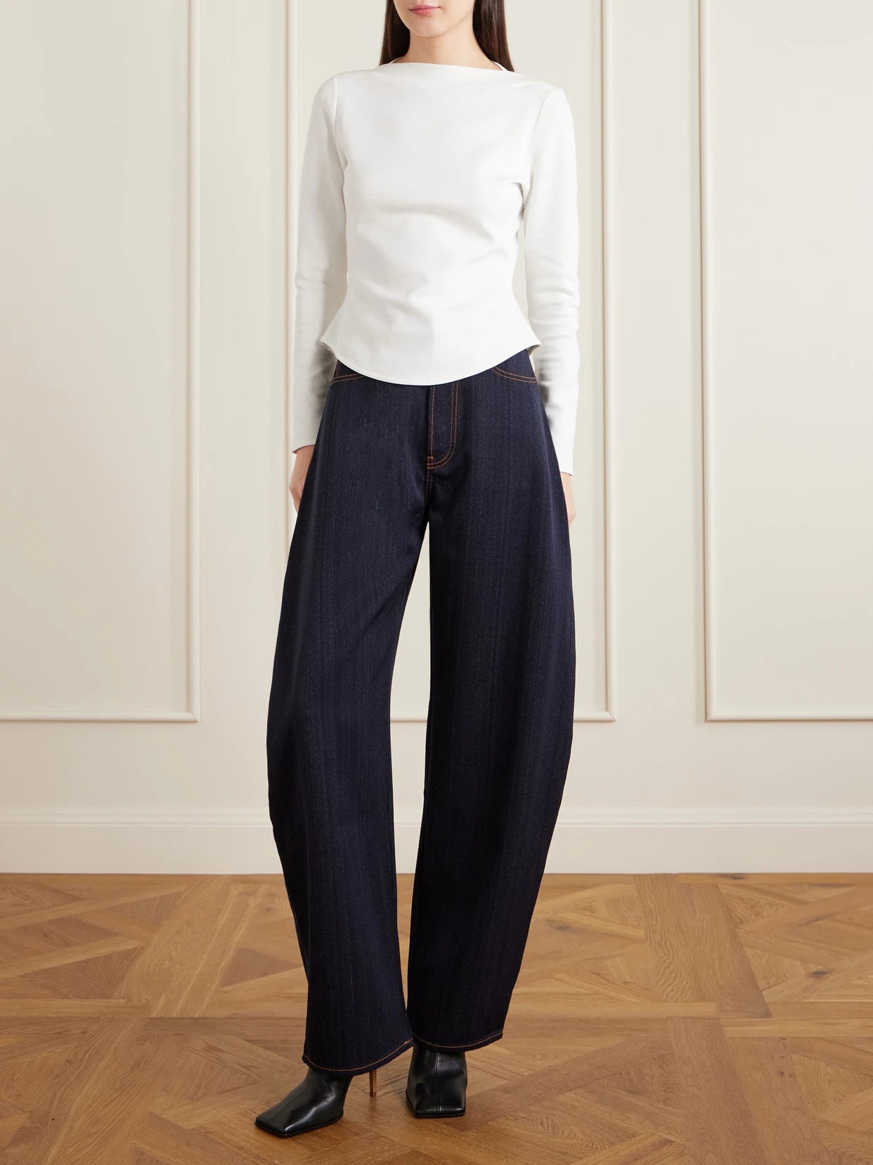 Image of Jeans. Product name - Denim High-rise Barrel-leg Jeans in Dark denim colour by brand - Alaïa