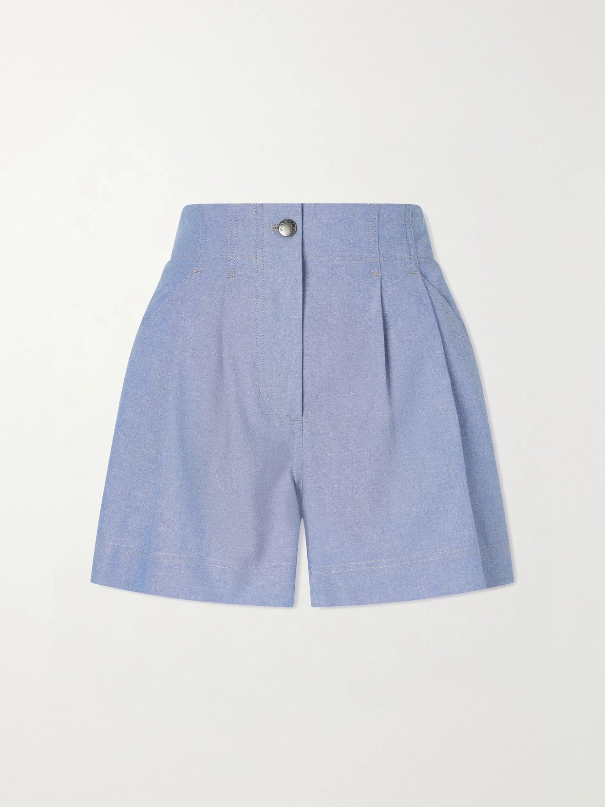 Image of a model wearing Shorts. Product name - Pleated Cotton-chambray Shorts in Light blue colour by brand - Moncler Grenoble