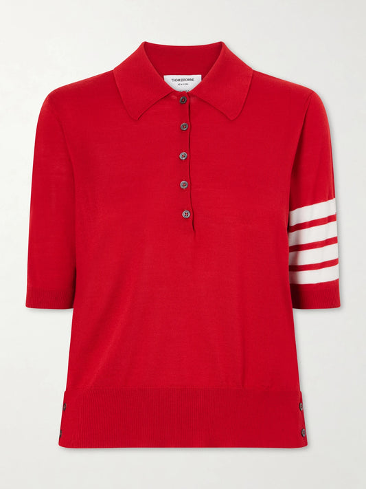 Image of a model wearing Outerwear. Product name - Grosgrain-trimmed Striped Wool Polo Shirt in Red colour by brand - Thom Browne
