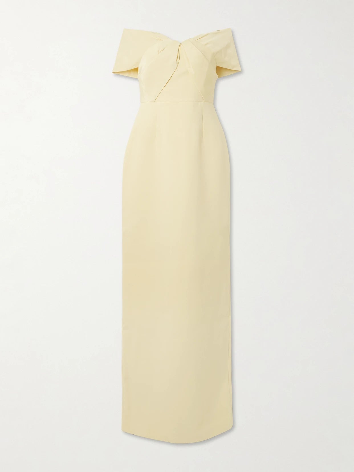 Image of Dresses. Product name - Aubriella Off-the-shoulder Satin-trimmed Crepe Gown in Yellow colour by brand - Rebecca Vallance