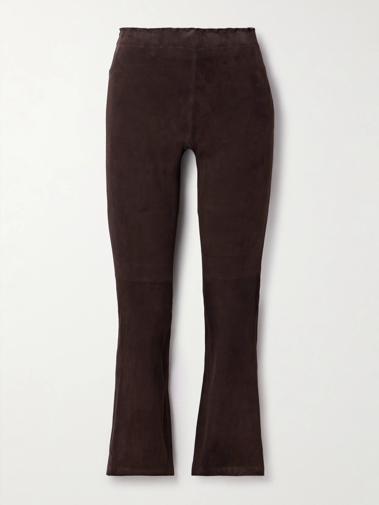 Image of a model wearing Pants. Product name - Jp Twenty Cropped Suede Flared Leggings in Dark brown colour by brand - STOULS