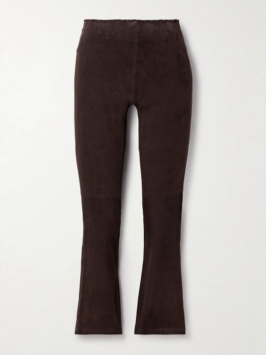 Image of a model wearing Pants. Product name - Jp Twenty Cropped Suede Flared Leggings in Dark brown colour by brand - STOULS