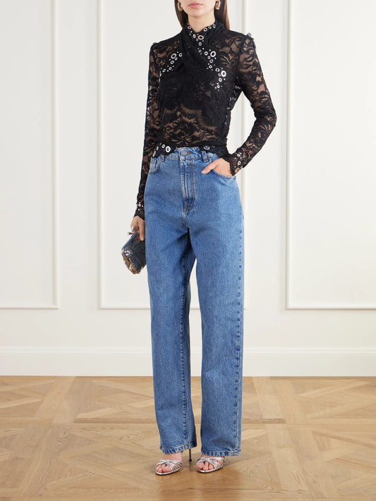 Image of a model wearing Tops. Product name - Eyelet-embellished Layered Lace Top in Black colour by brand - RABANNE
