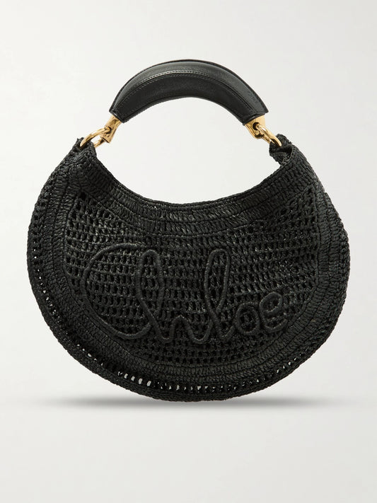 Summer Banana Leather-trimmed Embroidered Raffia Tote