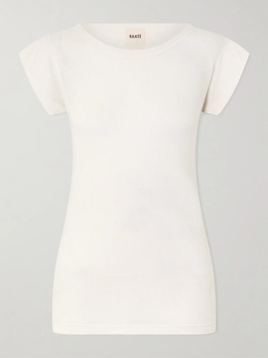 Image of a model wearing Tops. Product name - Angel Cotton And Cashmere-blend T-shirt in White colour by brand - KHAITE