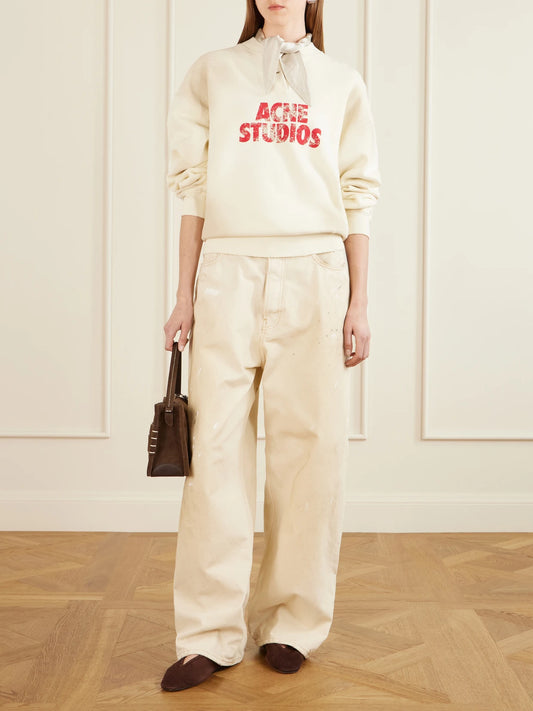 Image of Jeans. Product name - 2023 Distressed Low-waist Leather-trimmed Jeans in Off-white colour by brand - Acne Studios