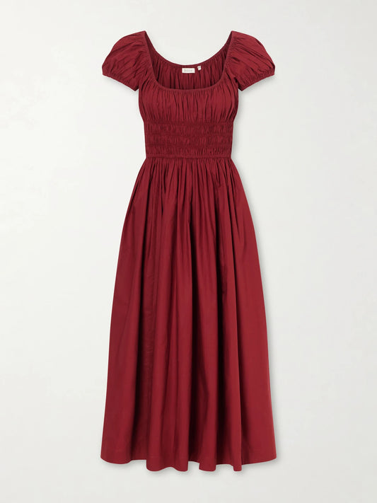 Image of Dresses. Product name - Quinley Shirred Organic Cotton-voile Midi Dress in Burgundy colour by brand - DÔEN
