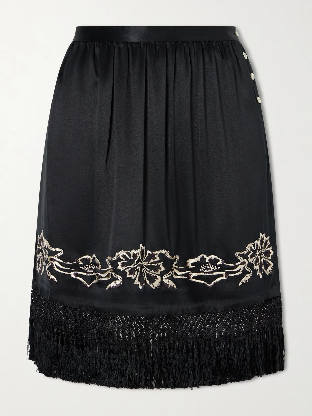 Image of a model wearing Skirts. Product name - Phantasm Fringed Embroidered Silk-satin Mini Skirt in Black colour by brand - BODE