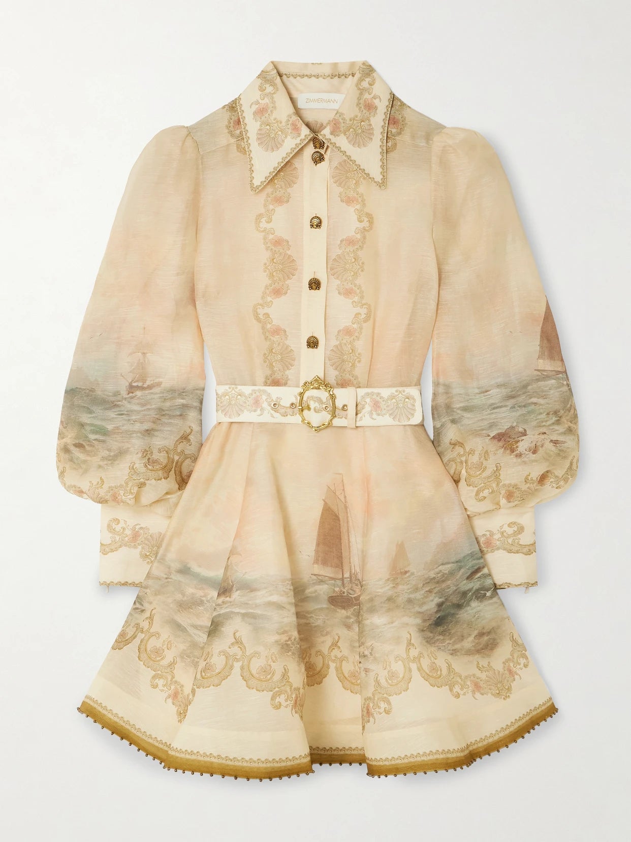 Image of Dresses. Product name - Rebellion Bead-embellished Belted Printed Linen And Silk-blend Mini Dress in Beige colour by brand - Zimmermann