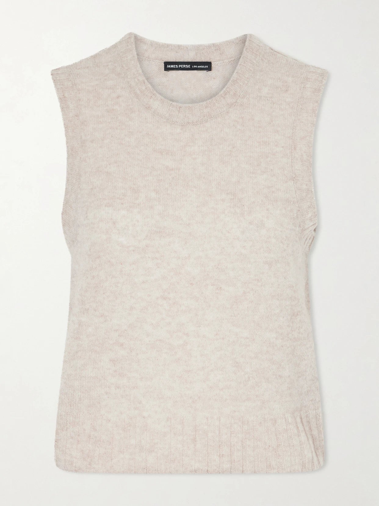 Image of a model wearing Outerwear. Product name - Cashmere Vest in Beige colour by brand - James Perse