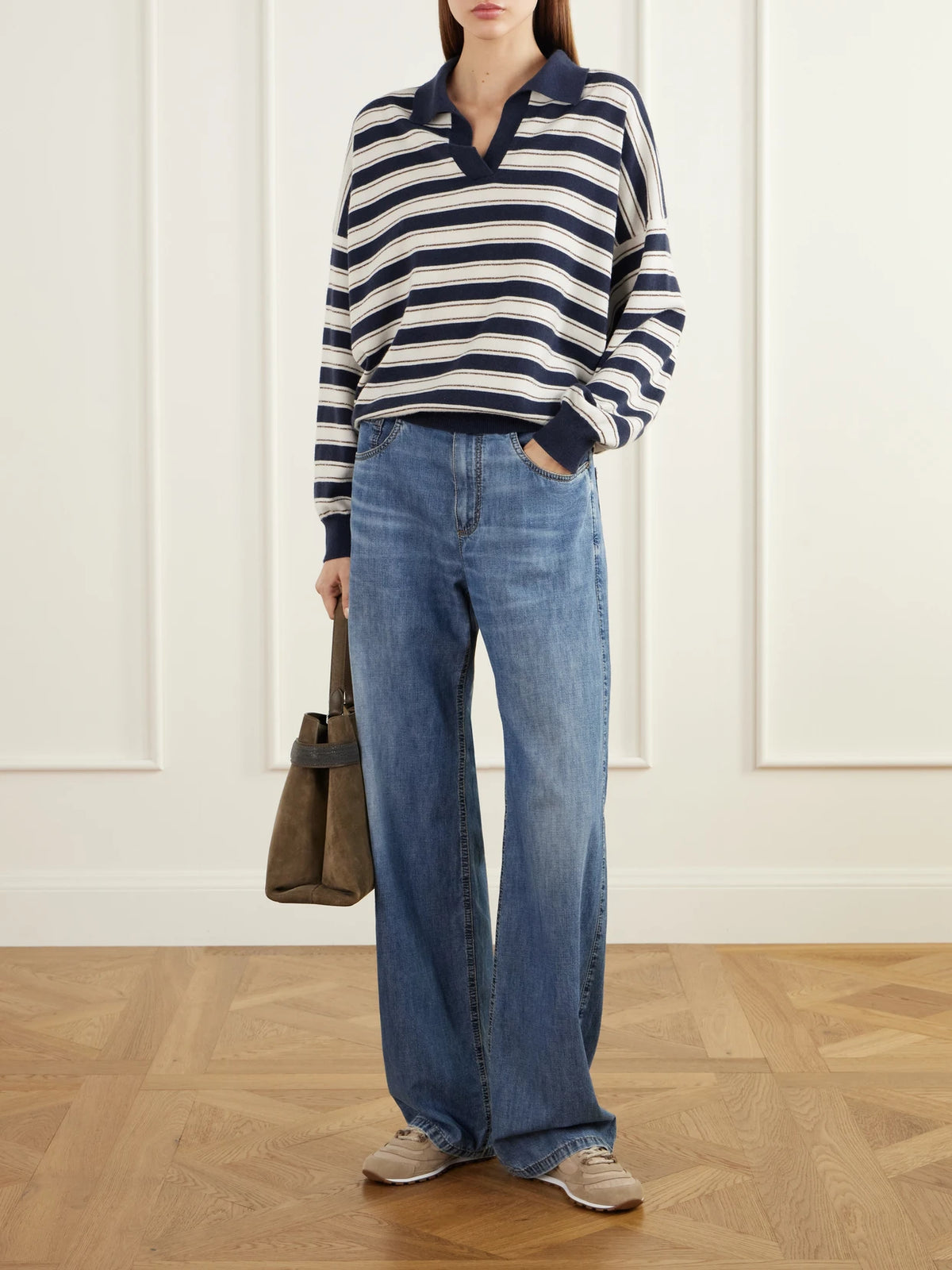 Image of Sneakers. Product name - Paneled Suede And Shell Sneakers in Neutral colour by brand - Brunello Cucinelli
