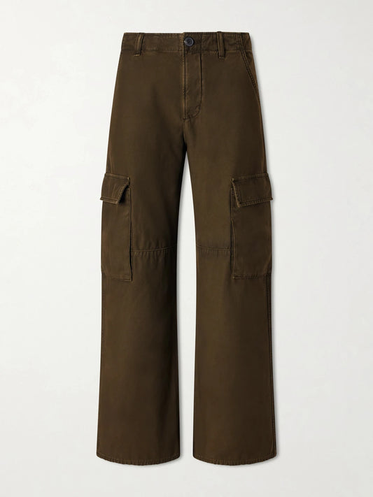 Image of a model wearing Pants. Product name - Esme Organic Cotton-twill Wide-leg Cargo Pants in Army green colour by brand - Citizens of Humanity