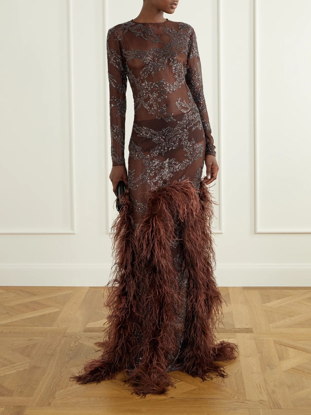 Image of Dresses. Product name - Byblos Feather-trimmed Sequin-embellished Mesh Gown in Dark purple colour by brand - Ilkyaz Ozel