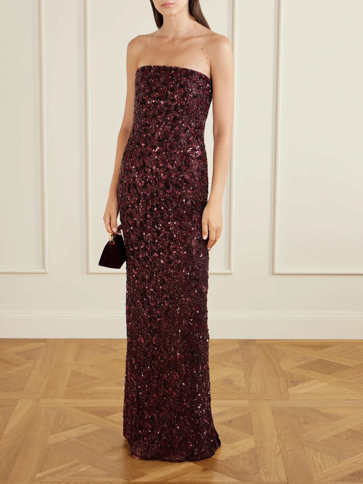 Image of Dresses. Product name - Sirocco Sequined Tulle Gown in Burgundy colour by brand - Jenny Packham