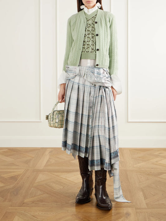 Image of a model wearing Skirts. Product name - Scarf-effect Pleated Checked Silk-satin Midi Skirt in Light blue colour by brand - Acne Studios