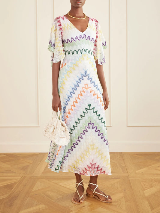 Image of Dresses. Product name - Striped Metallic Crochet-knit Maxi Dress in White colour by brand - Missoni