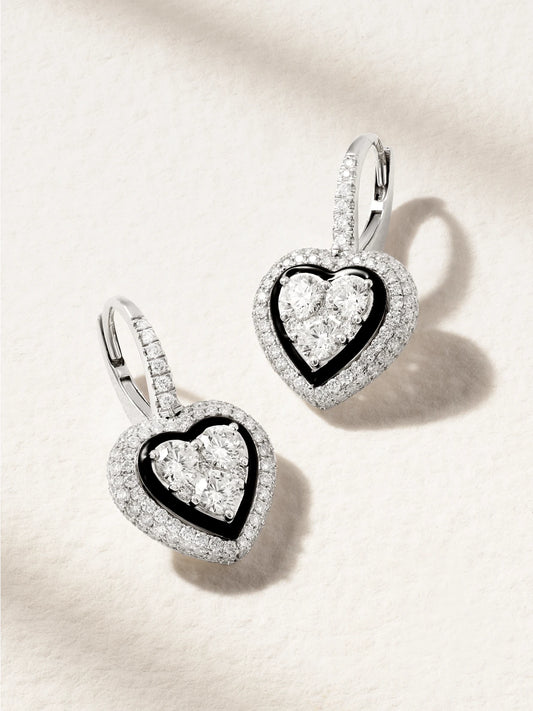 Heart 18-karat White Gold, Diamond And Enamel Hoop Earrings