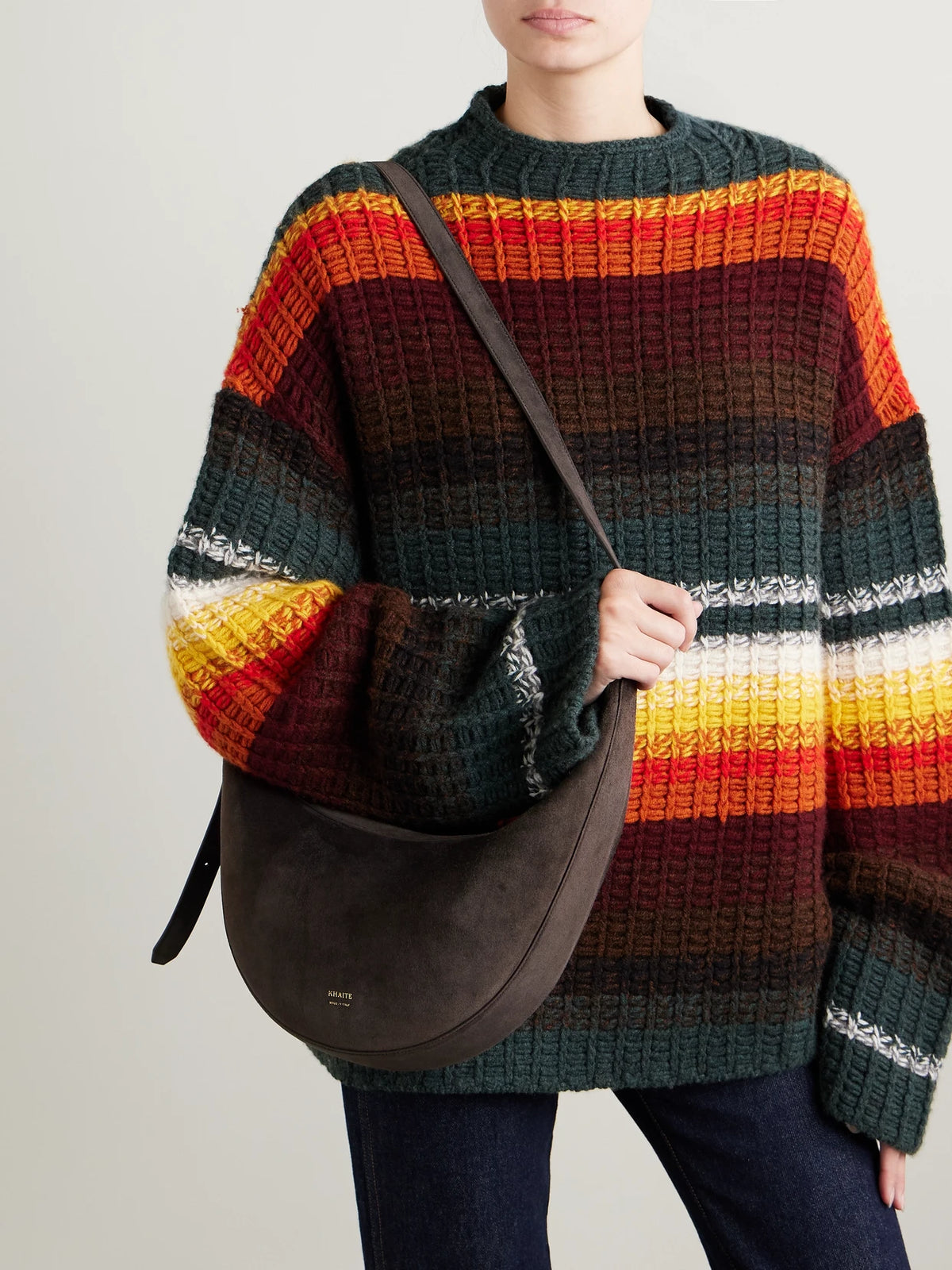 Image of Bags. Product name - Augustina Small Suede Shoulder Bag in Chocolate colour by brand - KHAITE