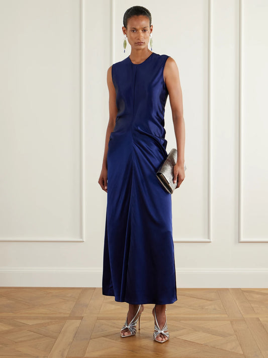Image of Dresses. Product name - Lillian Draped Satin Midi Dress in Navy colour by brand - FFORME