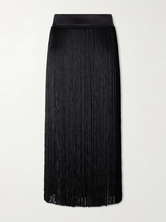 Image of a model wearing Skirts. Product name - Fringed Midi Skirt in Black colour by brand - Dolce & Gabbana