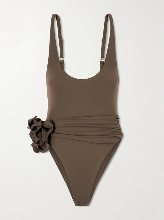 Image of Swimwear. Product name - Embellished Gathered Swimsuit in Brown colour by brand - Magda Butrym