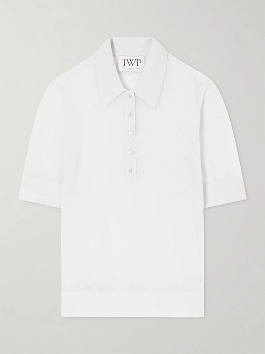 Image of a model wearing Outerwear. Product name - Open Stitch Cashmere Polo Shirt in Light blue colour by brand - TWP