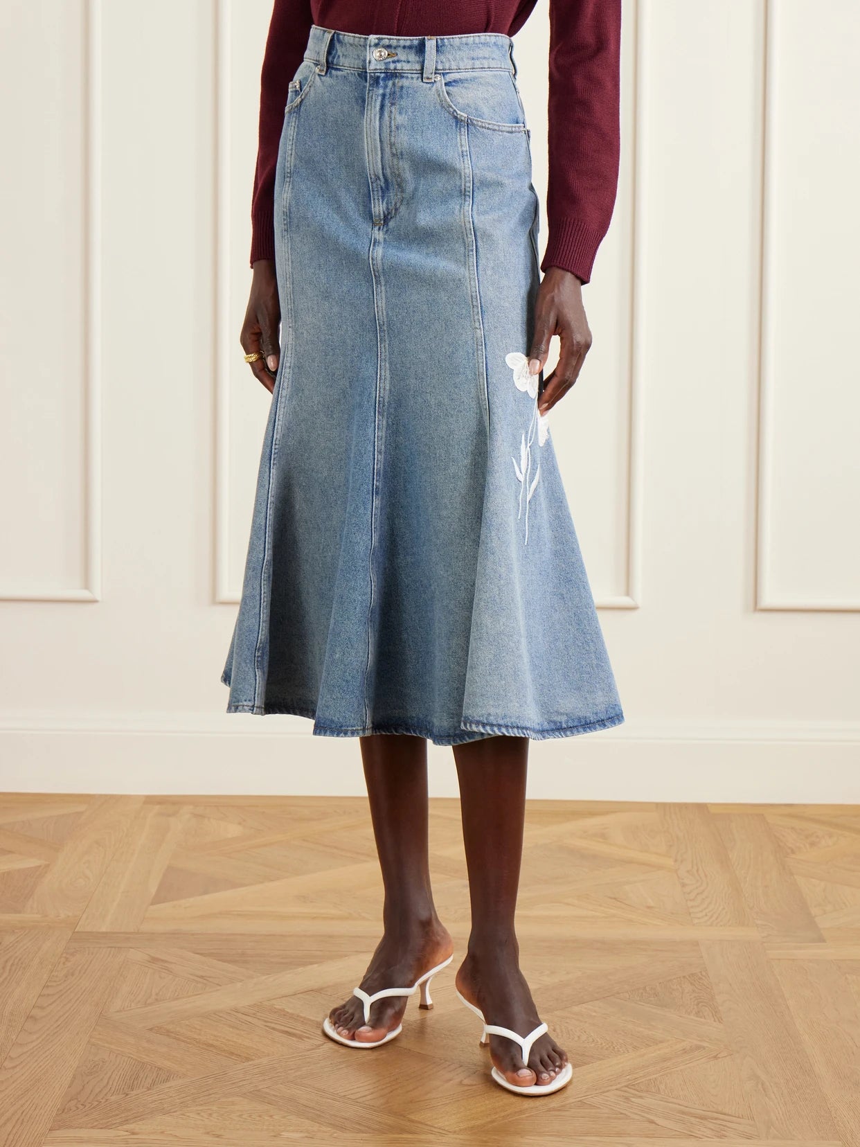 Embroidered Paneled Denim Midi Skirt
