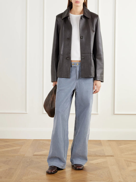 Image of a model wearing Pants. Product name - Cotton-blend Corduroy Wide-leg Pants in Blue colour by brand - B SIDES