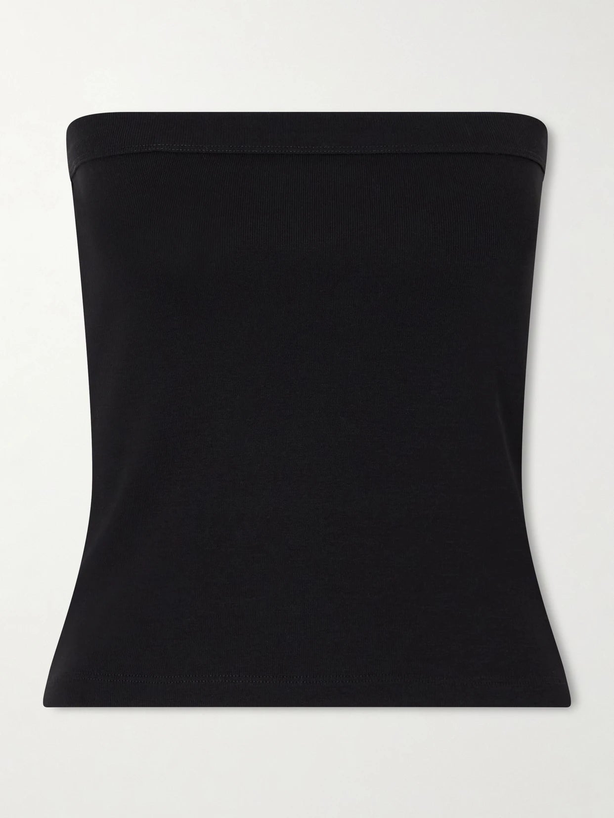 Image of a model wearing Tops. Product name - Bes Strapless Organic Cotton-jersey Top in Black colour by brand - FLORE FLORE