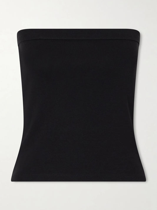 Image of a model wearing Tops. Product name - Bes Strapless Organic Cotton-jersey Top in Black colour by brand - FLORE FLORE