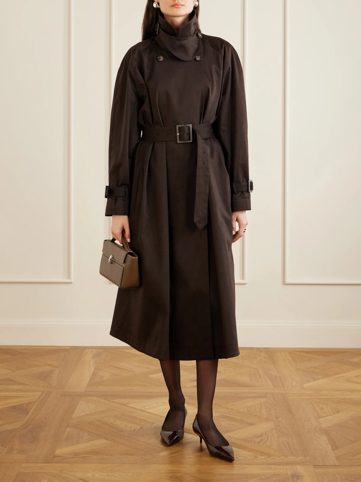Image of Coats & Jackets. Product name - Marchand Cotton-blend Trench Coat in Chocolate colour by brand - Nour Hammour