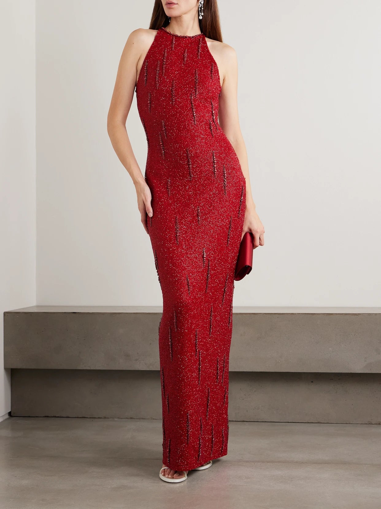 Image of Dresses. Product name - Mimosa Embellished Stretch-mesh Gown in Burgundy colour by brand - Clio Peppiatt