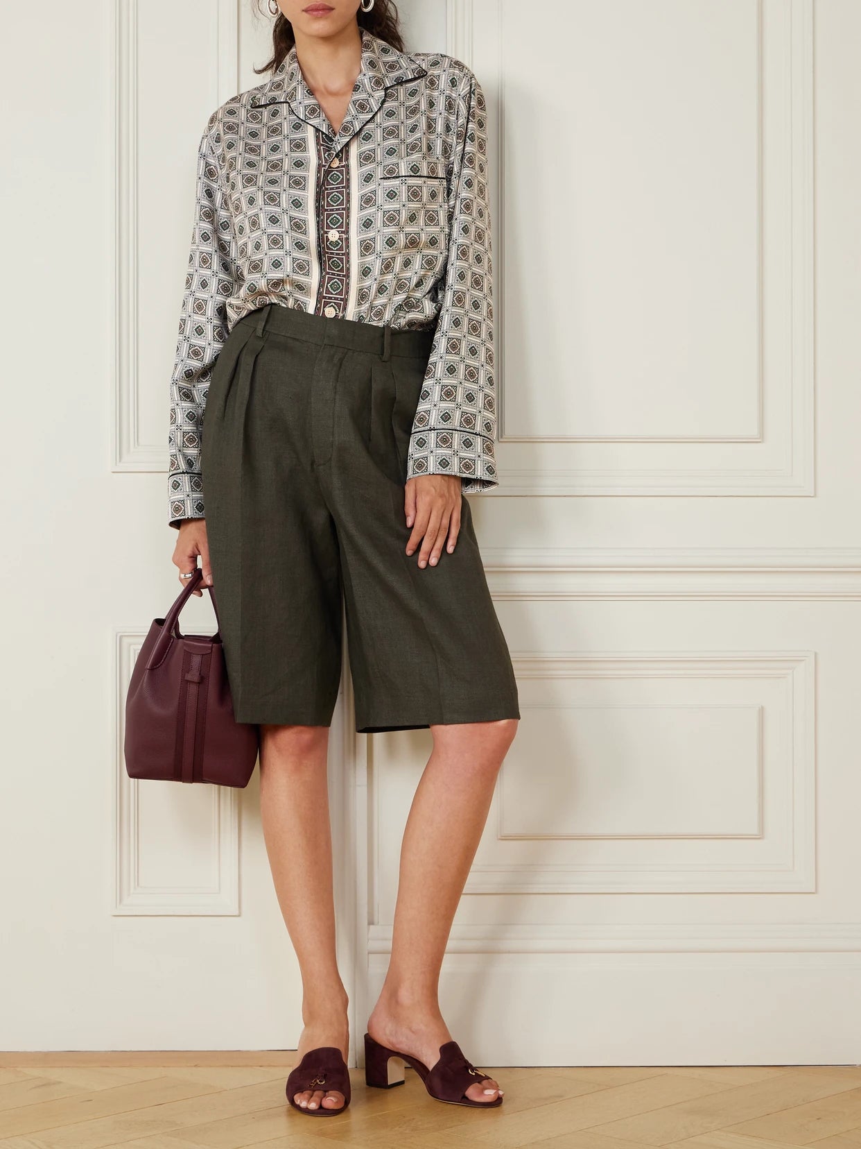 Image of a model wearing Tops. Product name - Lian Printed Silk-twill Shirt in Gray colour by brand - Loro Piana