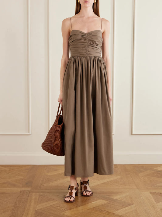 Image of Dresses. Product name - Gathered Organic Cotton-poplin Midi Dress in Brown colour by brand - Matteau