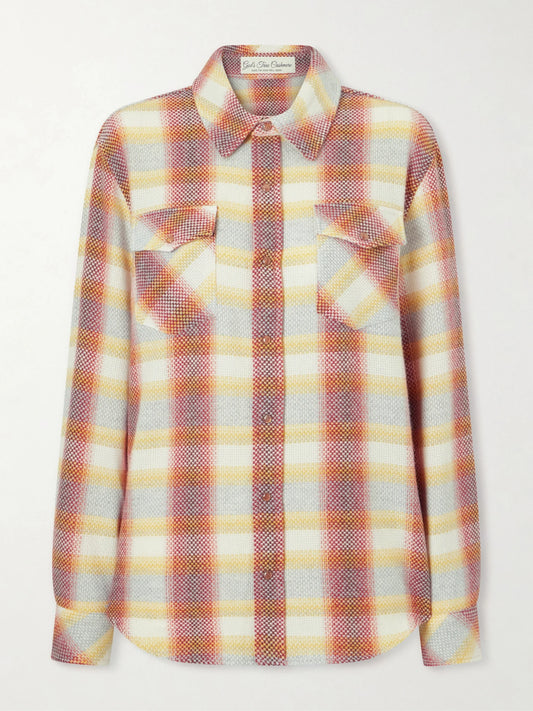 Image of a model wearing Tops. Product name - Rose Blume Checked Cashmere Shirt in Orange colour by brand - God's True Cashmere