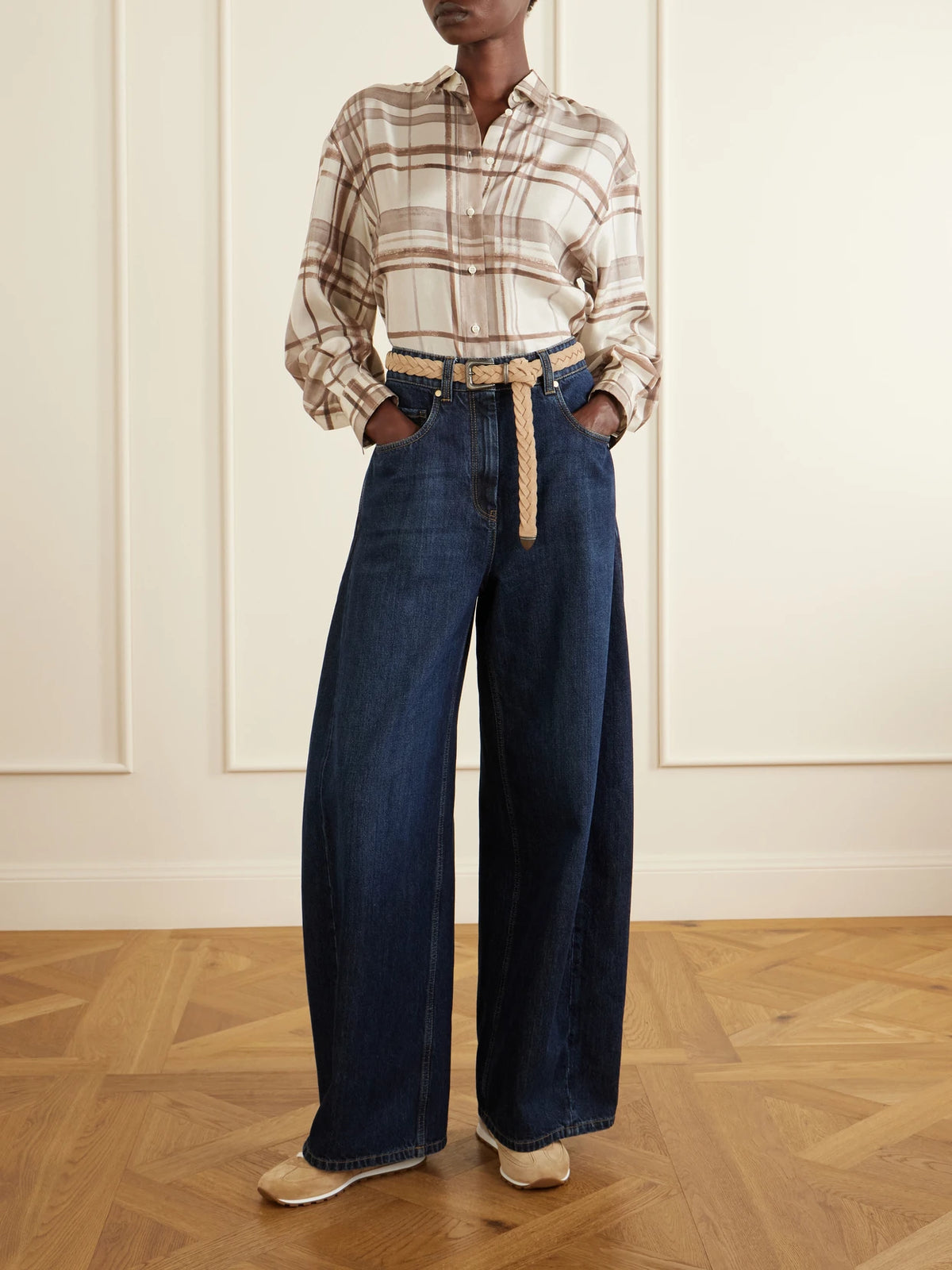 Image of Sneakers. Product name - Embellished Suede Sneakers in Tan colour by brand - Brunello Cucinelli