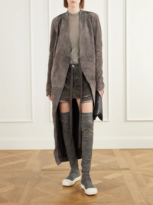 Image of Coats & Jackets. Product name - Belted Paneled Suede Wrap Coat in Stone colour by brand - Rick Owens