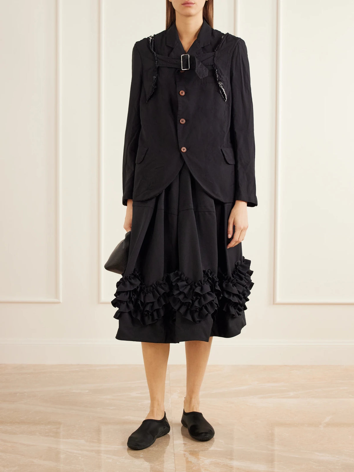 Image of Coats & Jackets. Product name - Buckled Deconstructed Canvas Blazer in Black colour by brand - Comme des Garçons Comme des Garçons