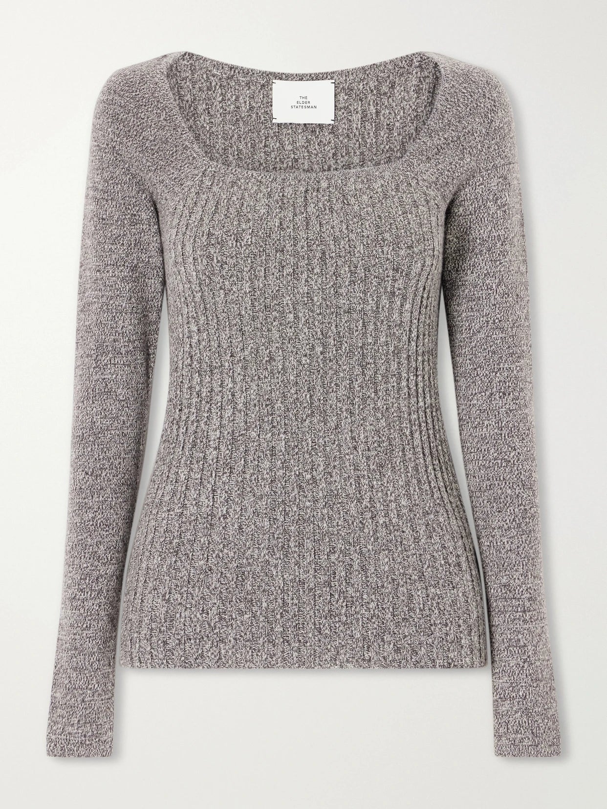 Image of a model wearing Outerwear. Product name - Marl Knitted Cashmere T-shirt in Brown colour by brand - The Elder Statesman