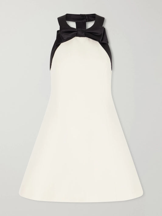 Image of Dresses. Product name - Bow-detailed Satin-trimmed Wool And Silk-blend Crepe Mini Dress in Cream colour by brand - Valentino Garavani