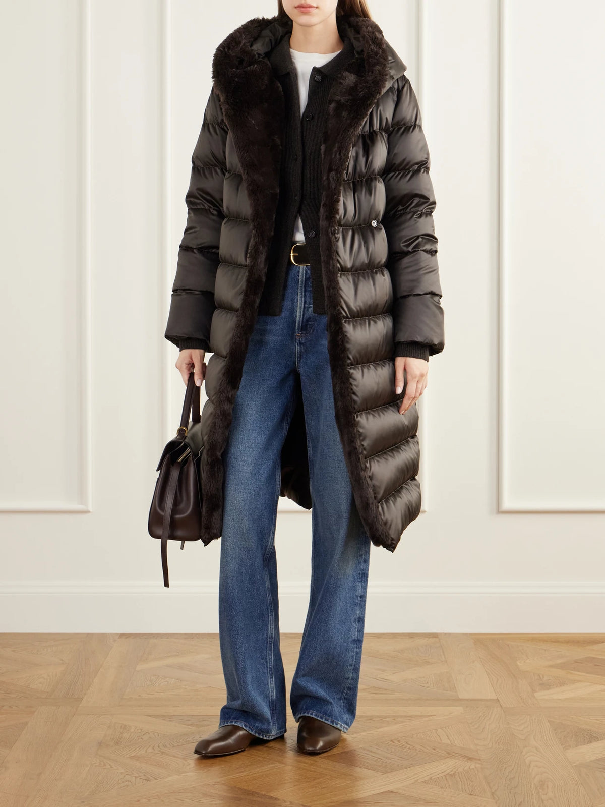 Image of Coats & Jackets. Product name - Medusa Hooded Belted Quilted Plush-trimmed Shell Down Coat in Dark brown colour by brand - Max Mara
