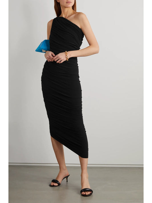 Image of Dresses. Product name - Diana One-shoulder Ruched Stretch-jersey Gown in Black colour by brand - Norma Kamali