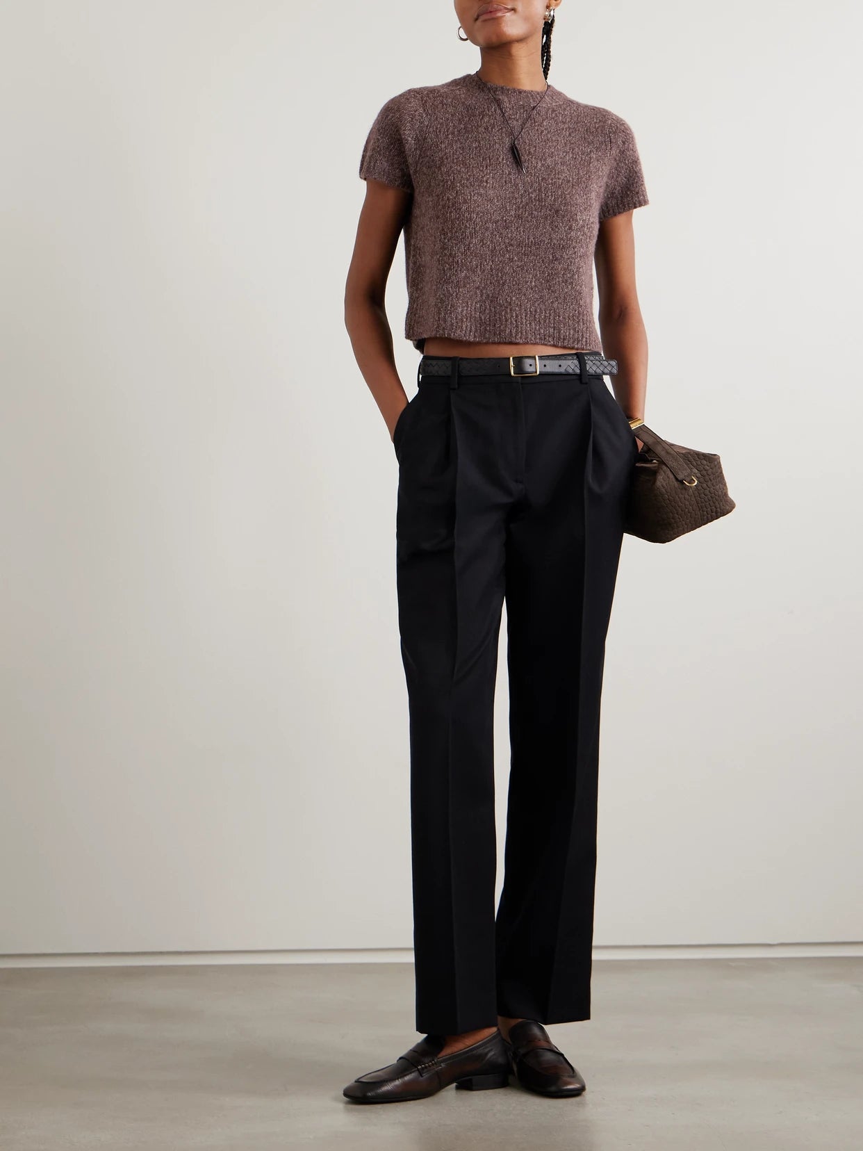 Image of a model wearing Outerwear. Product name - Siona Cashmere And Silk-blend T-shirt in Brown colour by brand - LISA YANG