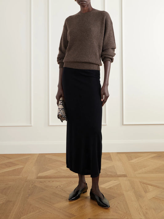 Image of a model wearing Outerwear. Product name - Brock Waffle-knit Cashmere Sweater in Brown, Cream colour by brand - ÉTERNE