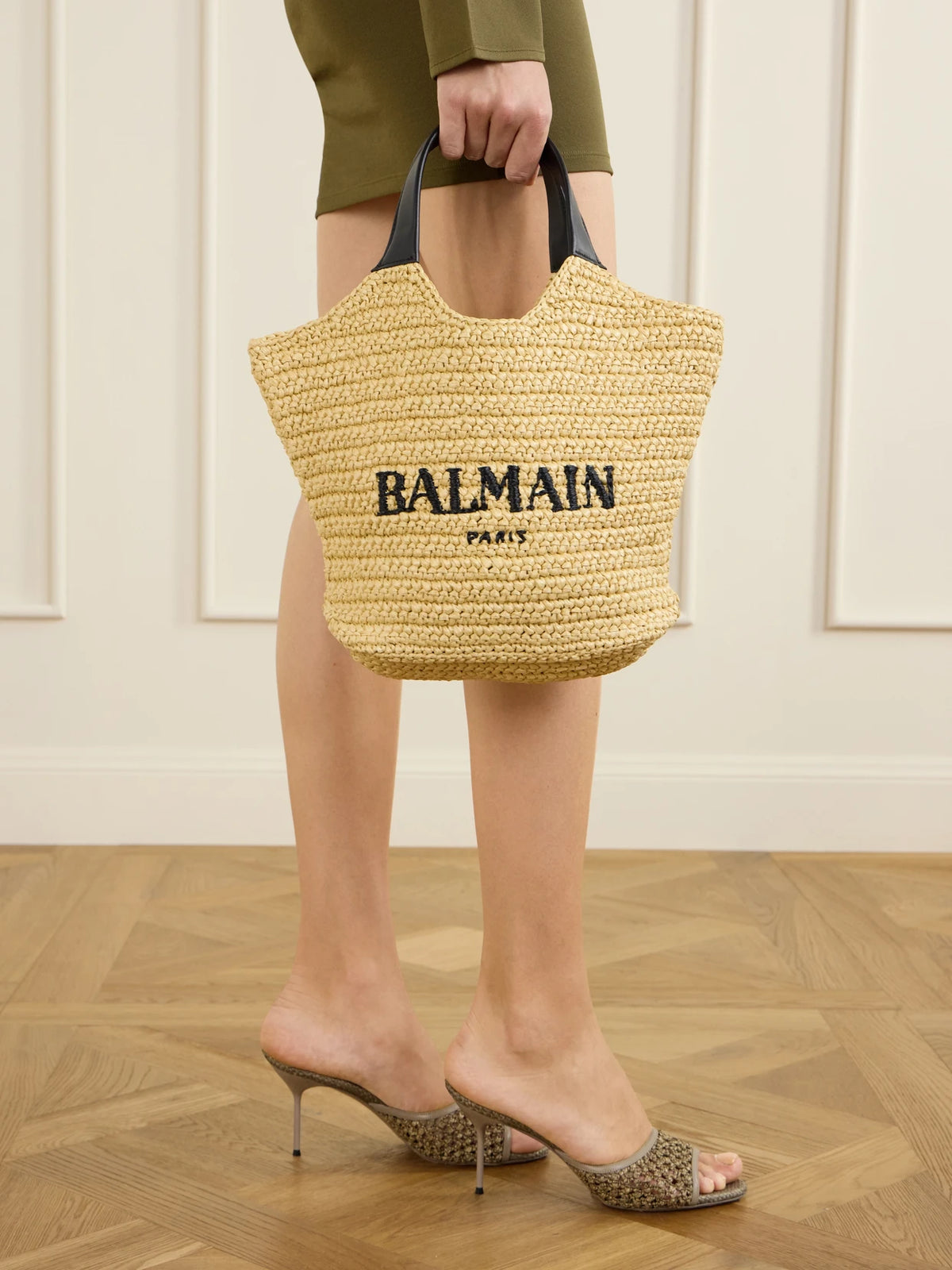 Image of Bags. Product name - Cabas Mini Leather-trimmed Raffia Shoulder Bag in Beige colour by brand - Balmain